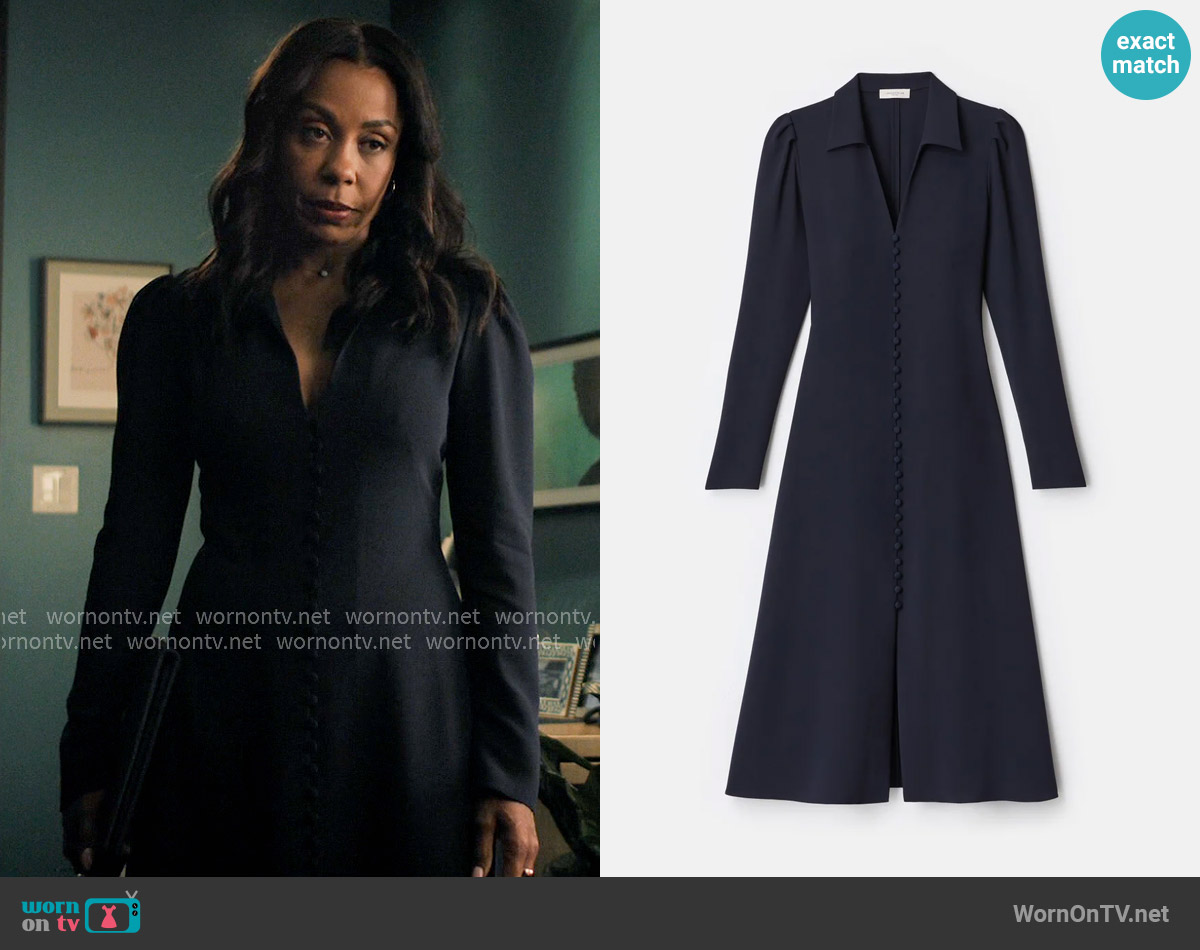 Lafayette 148 New York Responsible Finesse Crepe Button Midi Dress worn by Mia Jordan (Karen Pittman) on The Morning Show