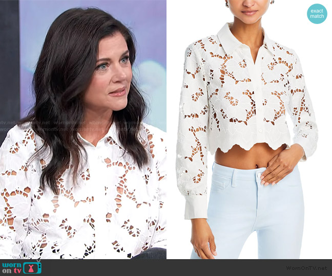 L'Agence Seychelle Lace Button Front Shirt worn by Tiffany Thiessen on Access Hollywood