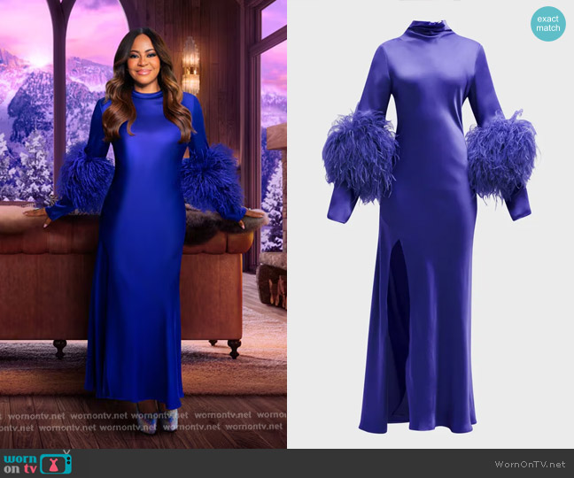 Lapointe Feather-Trim Mock-Neck Long-Sleeve Slit Satin Bias Gown worn by Mary Cosby on The Real Housewives of Salt Lake City
