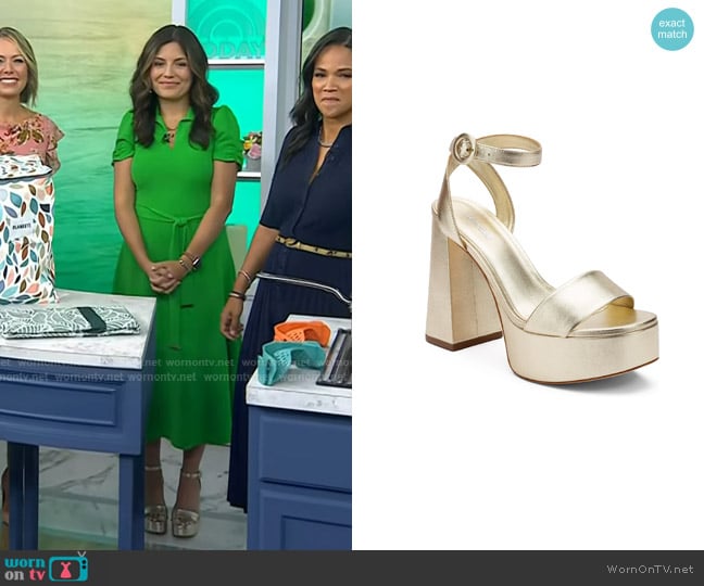 Larroudé Dolly Metallic Platform Sandals in Mettalic Platina worn by Adrianna Barrionuevo Brach on Today