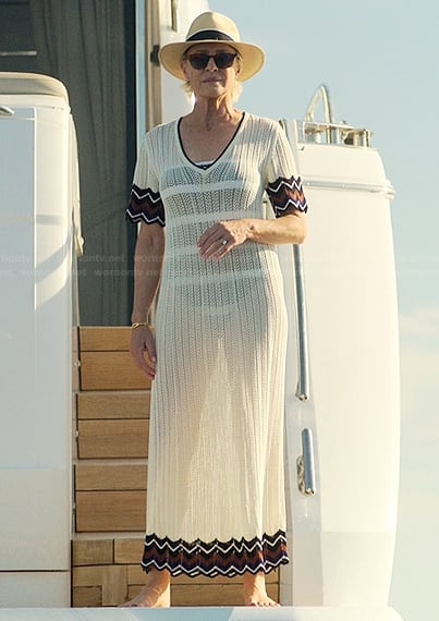 Laura’s white stripe trim dress on The Girlfriend