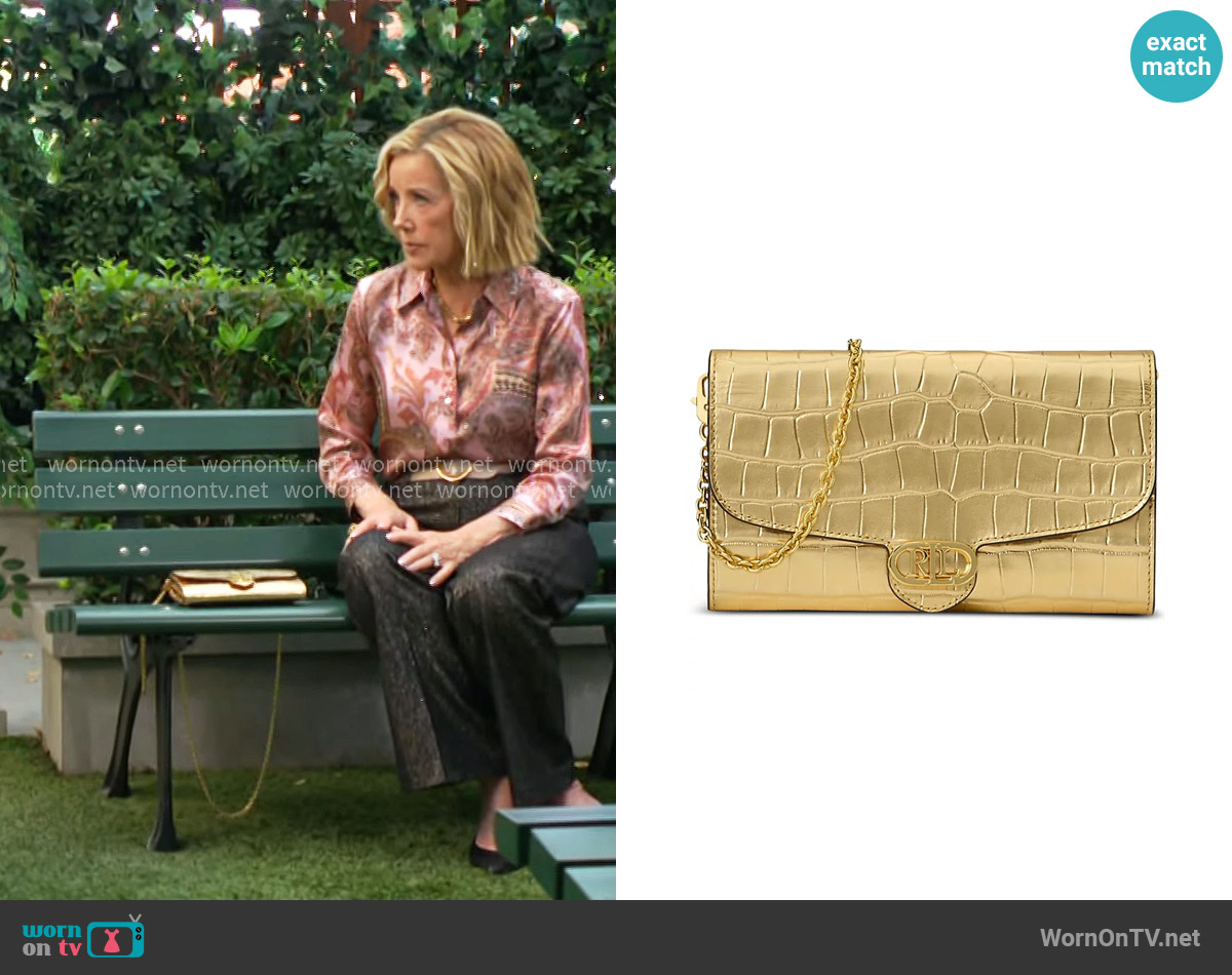 LAUREN Ralph Lauren Adair Croc-Embossed Leather Small Crossbody in Modern Gold worn by Nikki Reed Newman (Melody Thomas-Scott) on The Young and the Restless