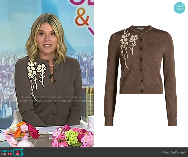 Lela Rose Embroidered Crewneck Cardigan in Chocolate worn by Jenna Bush Hager on Today
