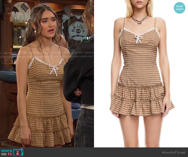 Lioness Yves Plaid Minidress in Chocolate Check worn by Arianna Horton (Marissa Reyes) on Days of our Lives