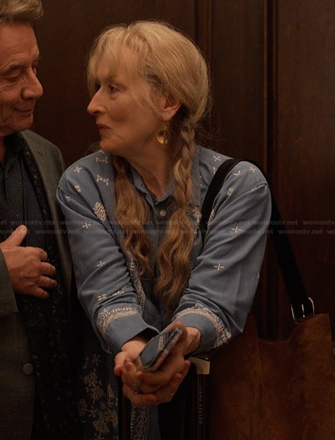 Loretta’s blue embroidered shirt on Only Murders in the Building