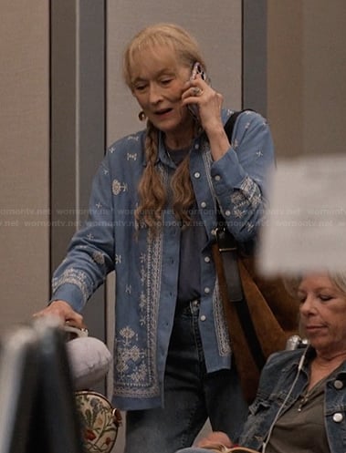 Loretta’s blue embroidered shirt on Only Murders in the Building