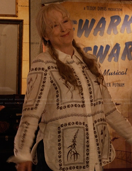 Loretta’s white floral print shirt on Only Murders in the Building