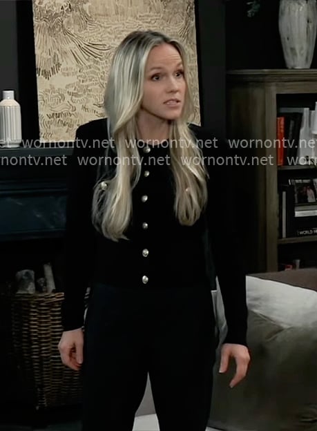 Lulu’s black cardigan with gold buttons on General Hospital