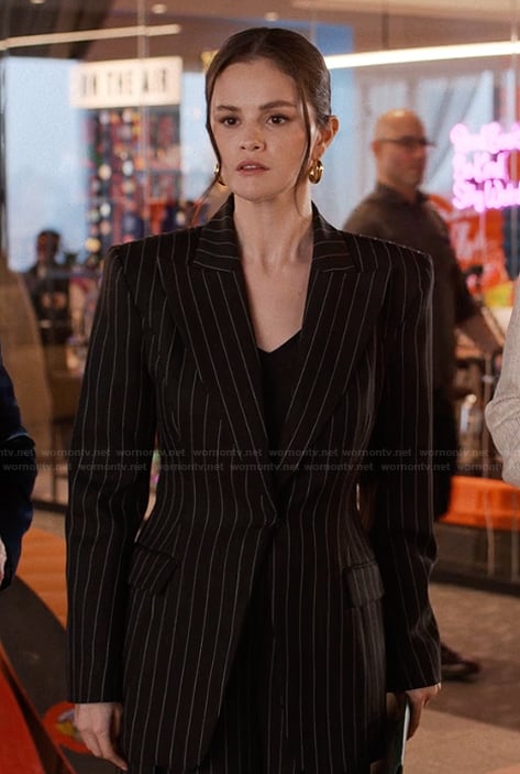 Mabel’s black pinstripe blazer and pants on Only Murders in the Building
