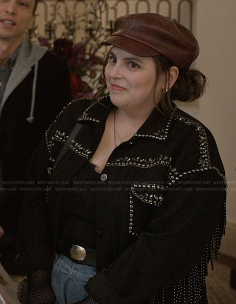 Mabels friends black embellished jacket on Only Murders in the Building