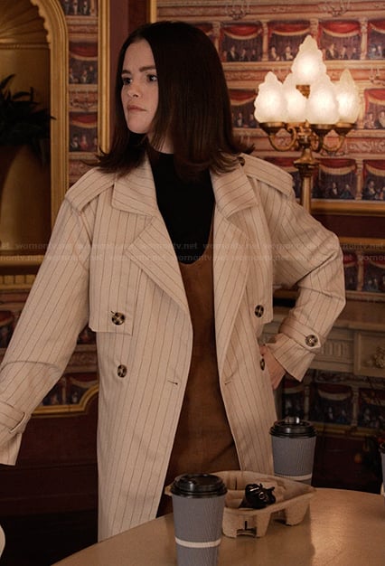 Mabel’s white pinstripe coat on Only Murders in the Building