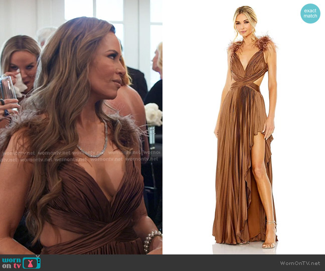 Mac Duggal Ieena Pleated Feather Cap Sleeve Open Back Gown worn by Britani Bateman on The Real Housewives of Salt Lake City