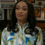 Madeline’s blue and green printed shirt on Beyond the Gates