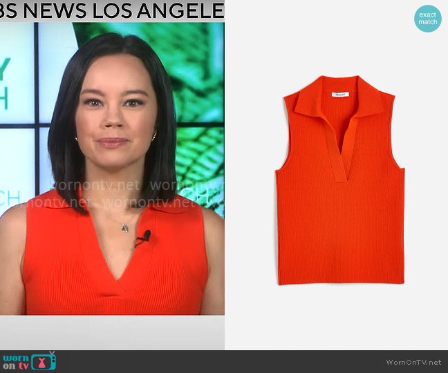 Madewell Cotton Johnny-Collar Sweater Tank worn by Jo Ling Kent on CBS Mornings