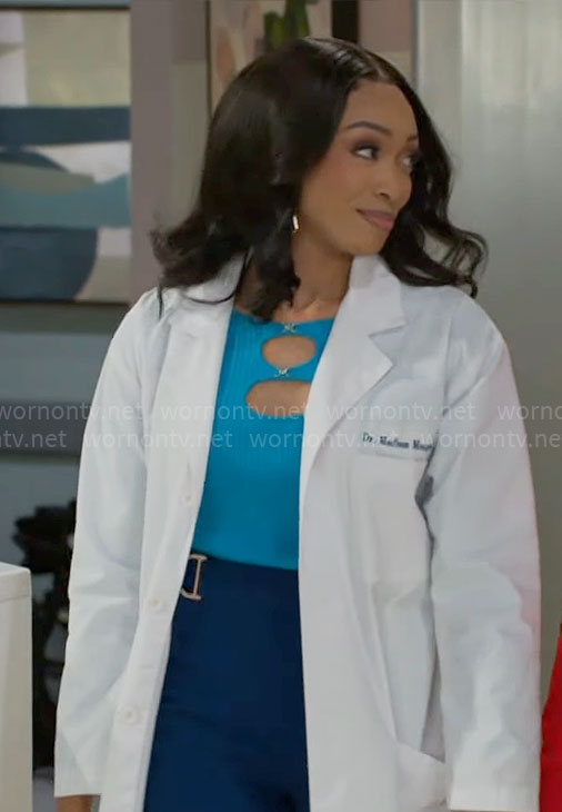 Madison’s blue cutout top on Beyond the Gates