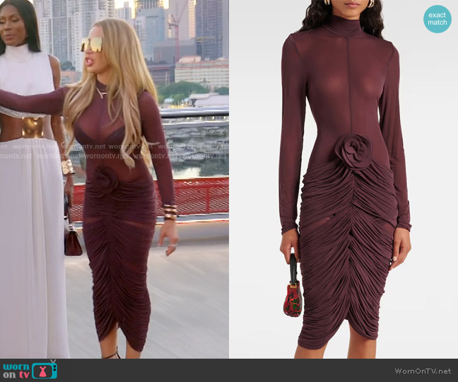 Magda Butrym Long Sleeve Sheer Midi Dress in Burgundy worn by Lisa Hochstein (Lisa Hochstein) on The Real Housewives of Miami
