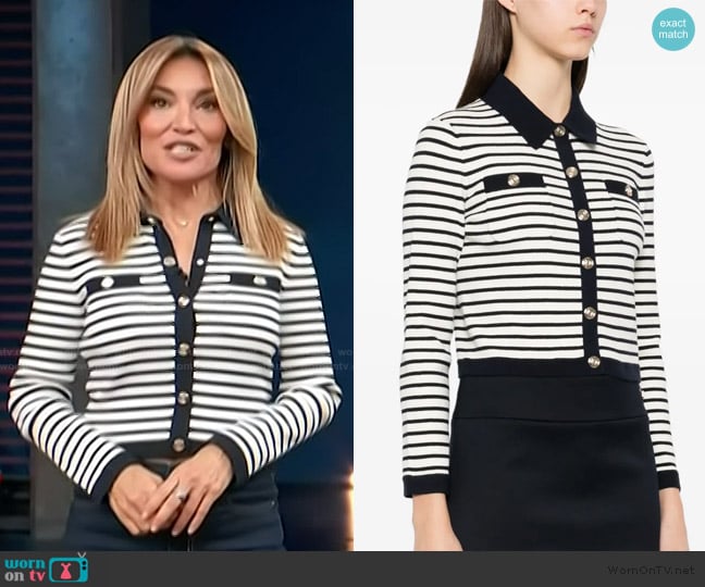 Maje Cropped rib knit cardigan worn by Kit Hoover on Access Hollywood