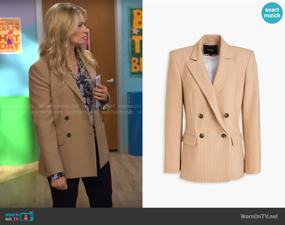 Maje Double-breasted pinstriped wool-blend twill blazer worn by Gemma (Beth Behrs) on The Neighborhood
