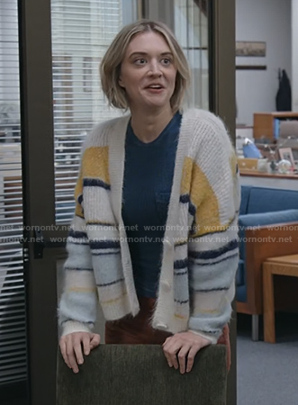 Mare’s white stripe cardigan on The Paper