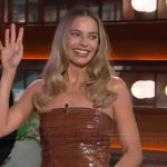 Margot Robbie’s brown metallic tube top and skirt on The Kelly Clarkson Show