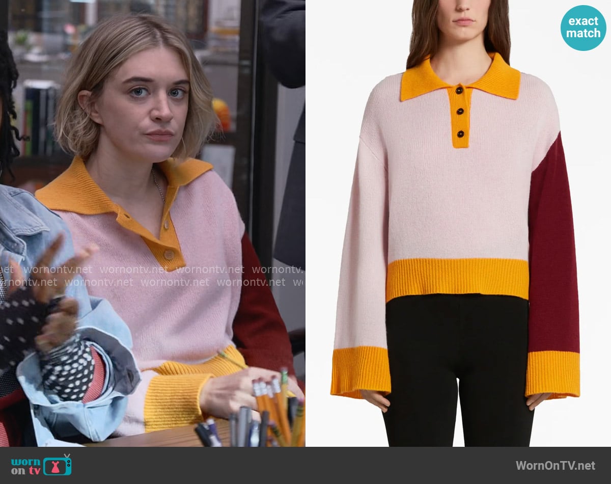 Marni Colour-block cashmere jumper worn by Mare Pritti (Chelsea Frei) on The Paper