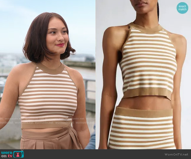 Max Mara Tenna Stripe Sleeveless Crop Sweater in Honey worn by Belly Conklin (Lola Tung) on The Summer I Turned Pretty