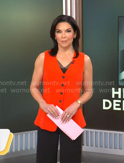 Meg Oliver’s red vest on CBS Mornings