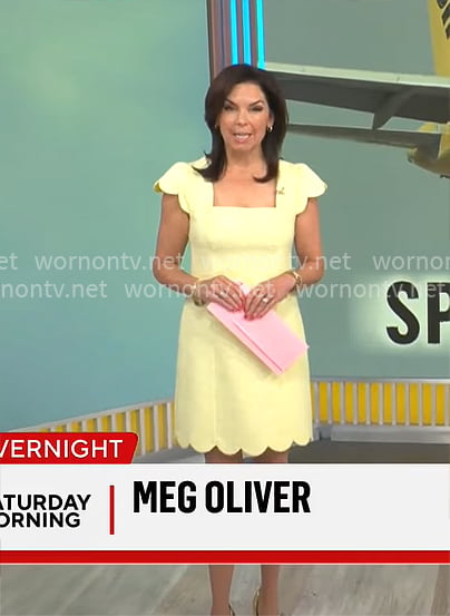 Meg Oliver’s yellow scalloped tweed dress on CBS Mornings