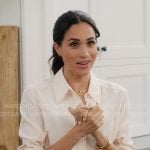 Meghan’s button down blouse and orange trousers on With Love Meghan