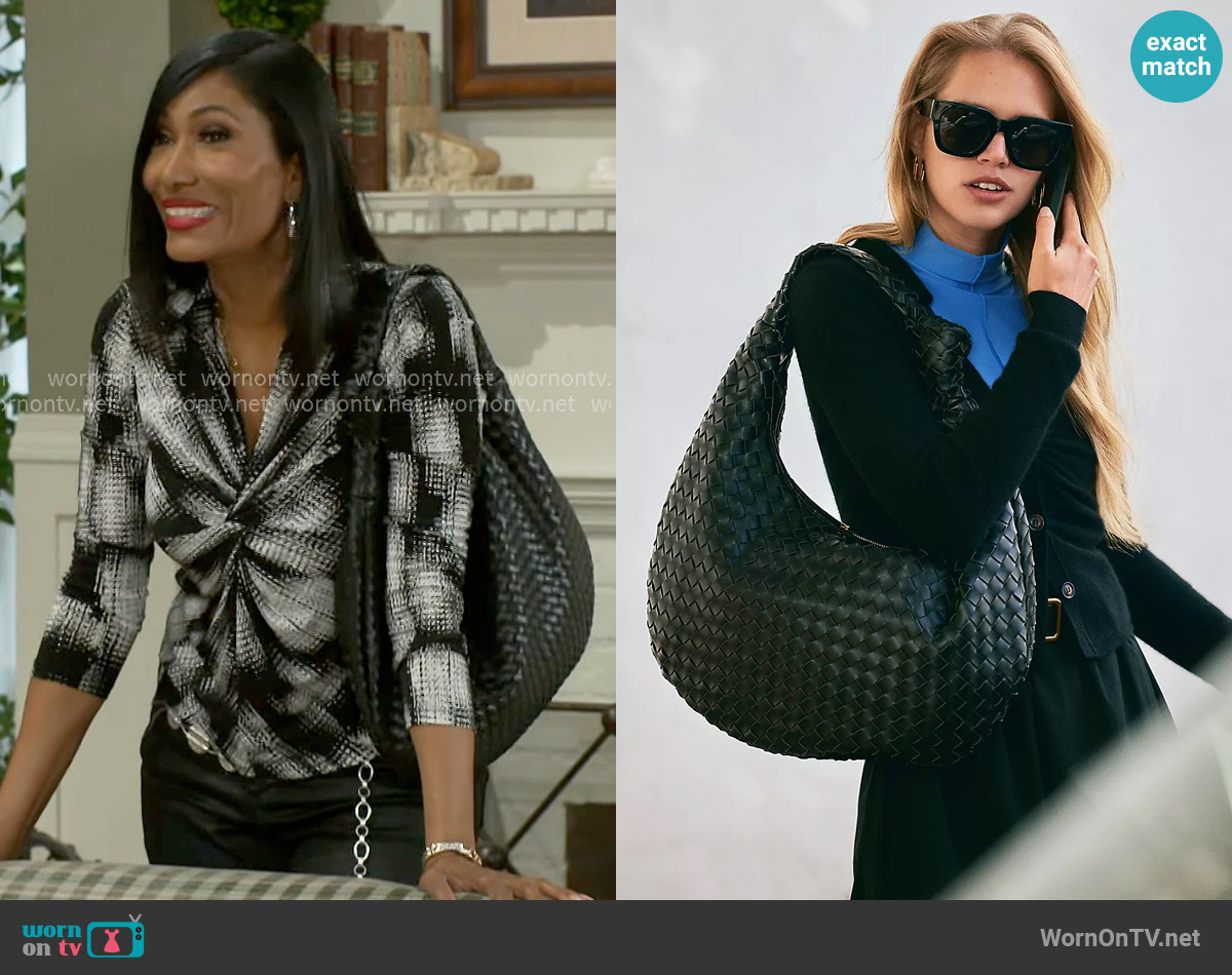 Melie Bianco The Brigitte Woven Faux-Leather Satchel Bag Oversized Edition worn by Dana 'Leslie' Thomas (Trisha Mann-Grant) on Beyond the Gates