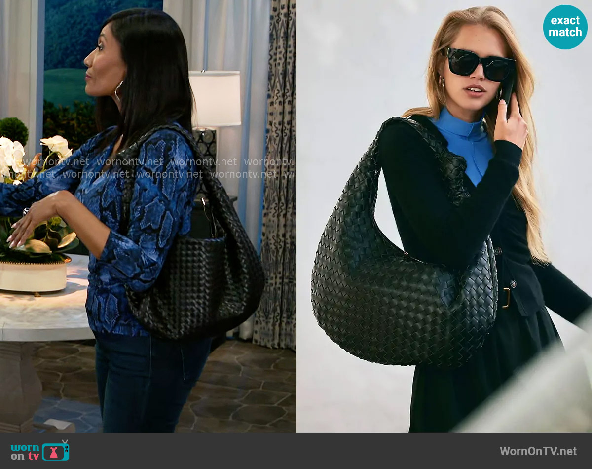 Melie Bianco The Brigitte Woven Faux-Leather Satchel Bag Oversized Edition worn by Dana 'Leslie' Thomas (Trisha Mann-Grant) on Beyond the Gates