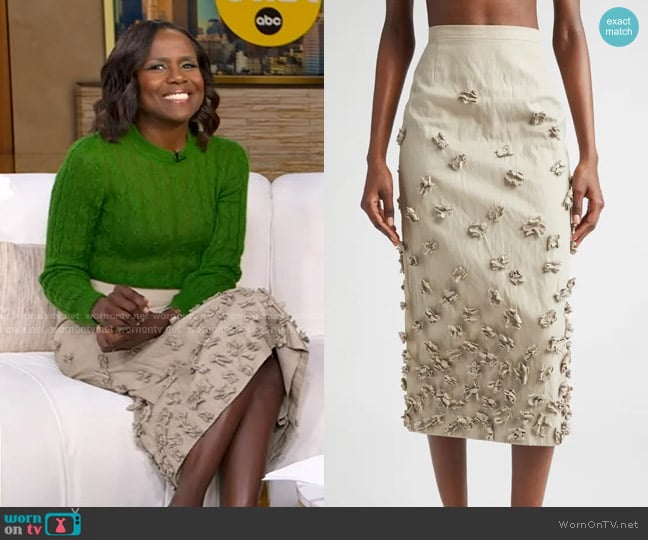 Michael Kors Collection Floral Appliqué Crushed Gabardine Skirt in Almond worn by Deborah Roberts on Good Morning America