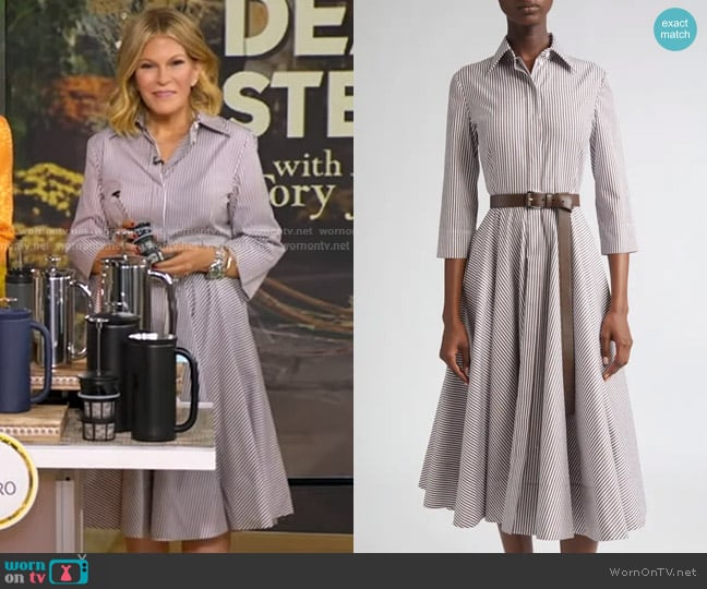 Michael Kors Collection Stripe Cotton Poplin Belted Shirtdress in Mocha/ Optic White worn by Tory Johnson on Good Morning America