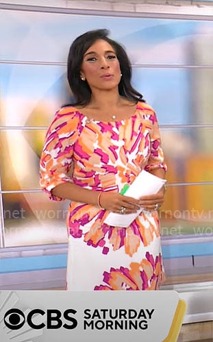 Michelle Miller’s pink and orange printed dress on CBS Mornings