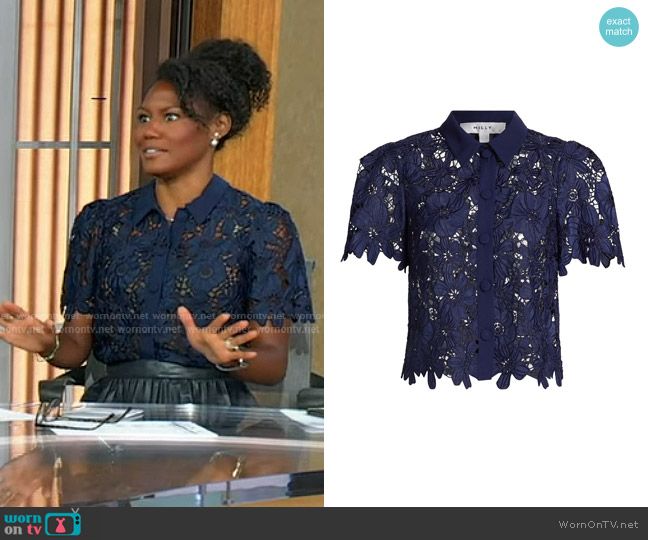 Milly Addison Roja Lace Top in Navy worn by Janai Norman on Good Morning America