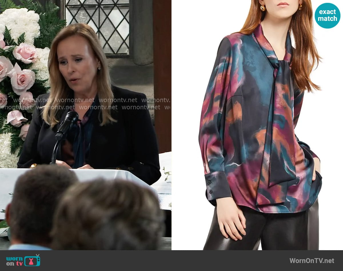 Misook Tie Neck Crêpe de Chine Blouse worn by Laura Collins (Genie Francis) on General Hospital