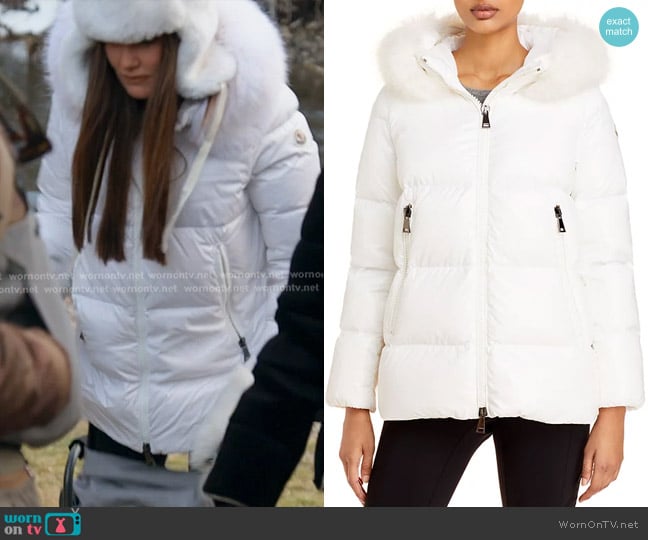 Moncler Laiche Short Parka  in White worn by Meredith Marks on The Real Housewives of Salt Lake City