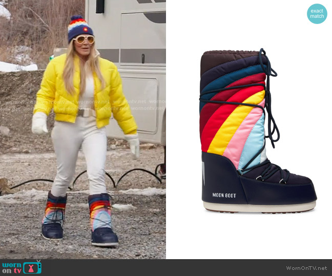 Moon Boot Icon Rainbow Snow Boots in Navy Multi worn by Heather Gay on The Real Housewives of Salt Lake City