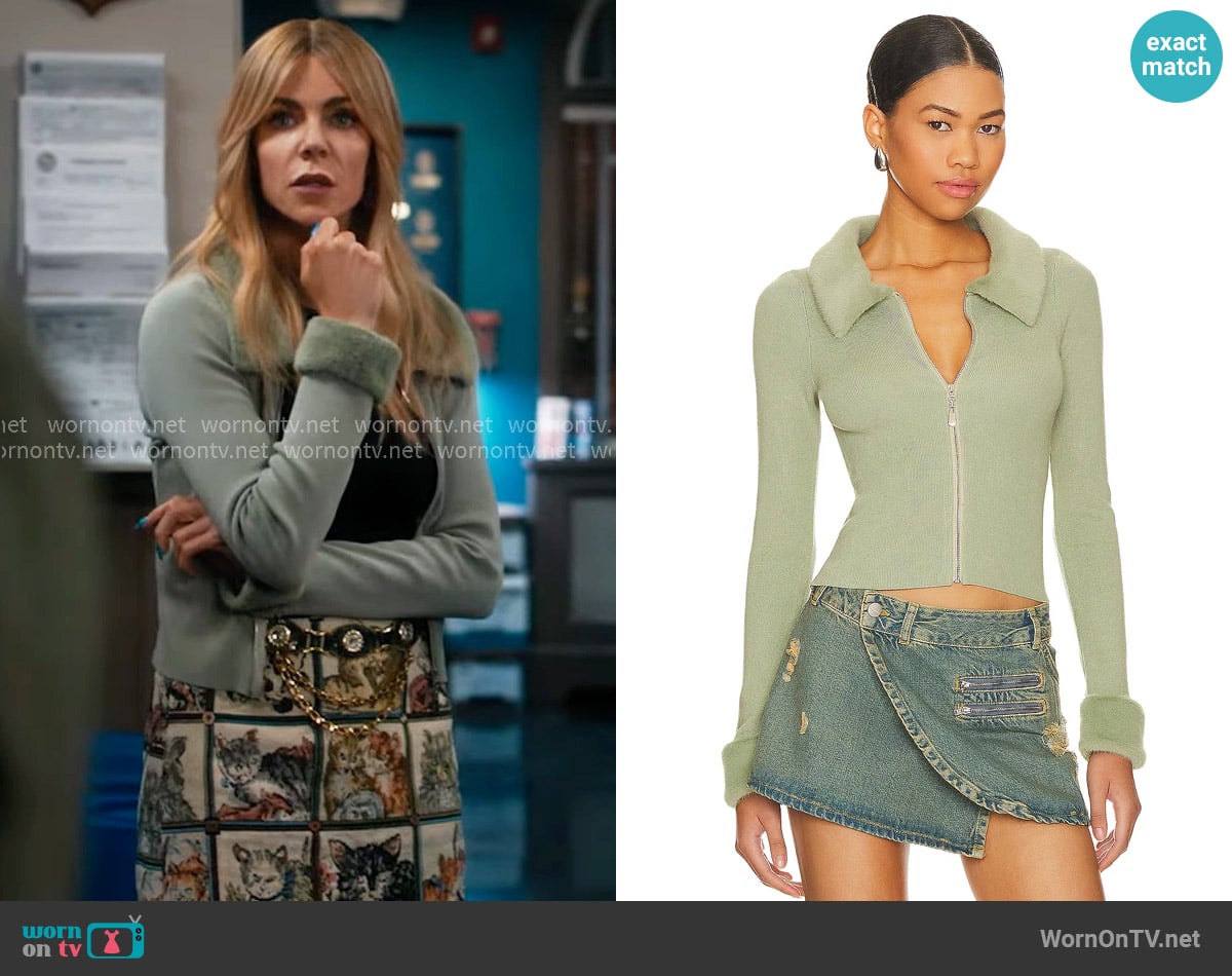 More To Come Natalie Knit Zip Cardigan in Sage worn by Morgan Gillory (Kaitlin Olson) on High Potential