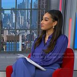 Morgan’s blue blouse and pants on NBC News Daily