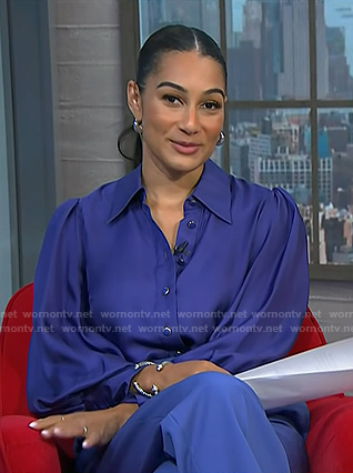 Morgan’s blue blouse and pants on NBC News Daily