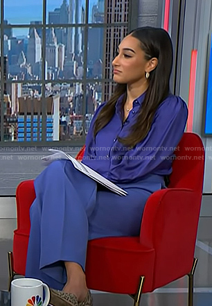 Morgan’s blue blouse and pants on NBC News Daily