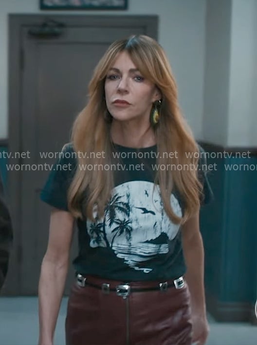 Morgan’s palm graphic tee, leopard fur jacket, and red leather skirt on High Potential