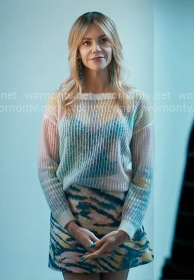 Morgan’s pastel sweater and tiger print skirt on High Potential