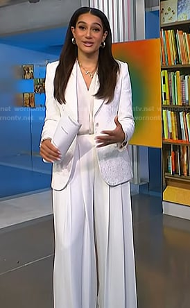 Morgan’s white floral brocade blazer and pleated pants on NBC News Daily