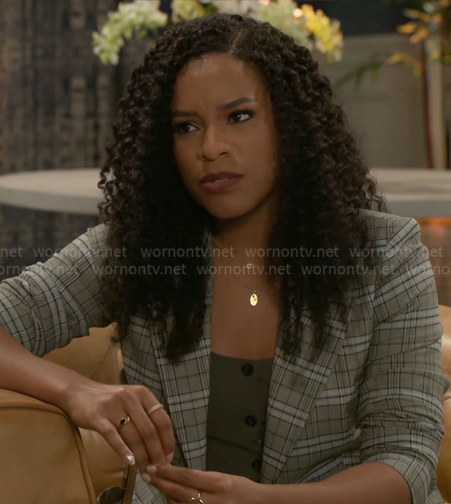 Naomi’s green button front top and plaid blazer on Beyond the Gates