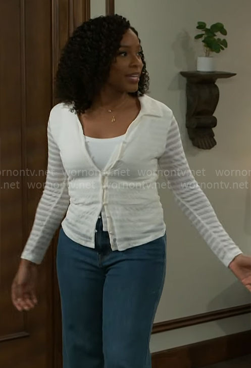 Naomi’s white striped button front top on Beyond the Gates