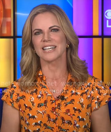 Natalie’s orange horse print top on CBS Mornings