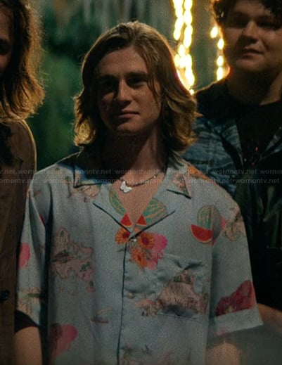 Neil’s blue floral print shirt on The Runarounds