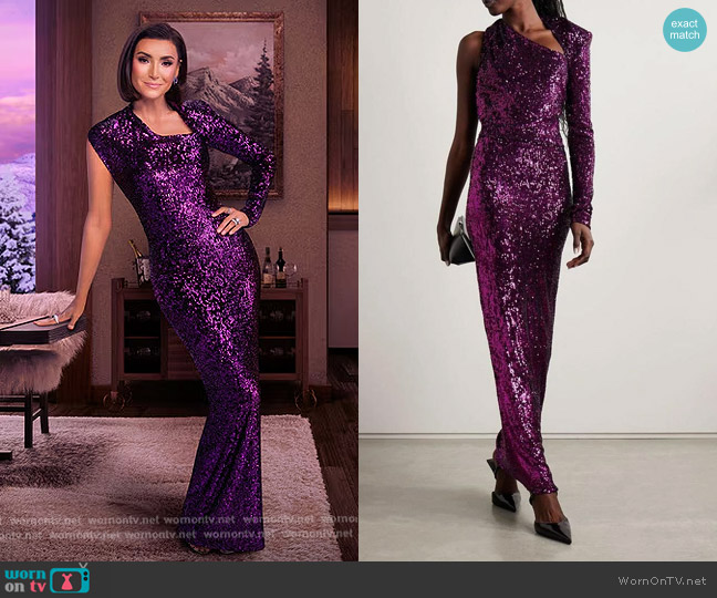 Nervi Susi One-sleeve Cutout Sequined Tulle Gown worn by Bronwyn Newport on The Real Housewives of Salt Lake City
